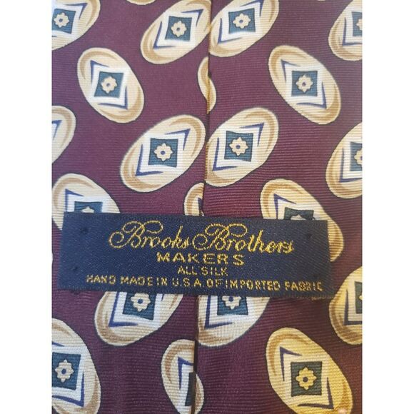 Brooks Brothers Makers Mens Tie Necktie Designer Luxury Burgundy Tan Geometric - Picture 5 of 10